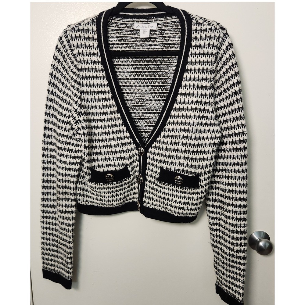 London Kaye Black White Women's Cropped V-Neck‎ Cardigan Buttons Large Office